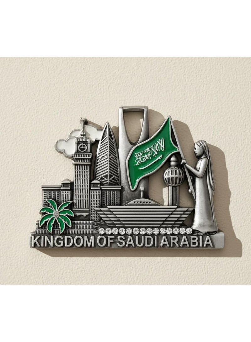 مغناطيس ثلاجة معدني ثلاثي الأبعاد - المملكة العربية السعودية - معالم بارزة، علم وطني، وشعار نخلة | هدية تذكارية فاخرة للسفر والتراث والفخر | قطعة ديكور مميزة للمنزل أو المكتب - Image 2